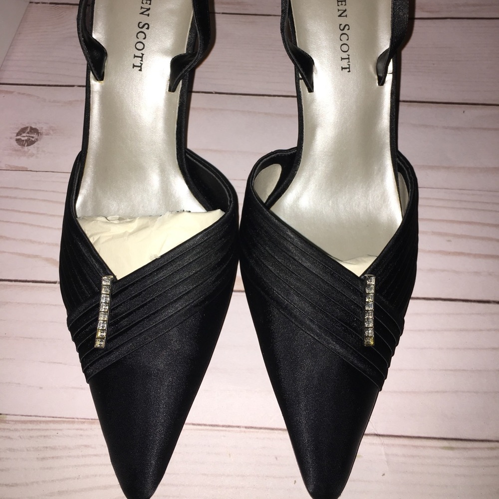 New Karen Scott black satin heels with rhinestones